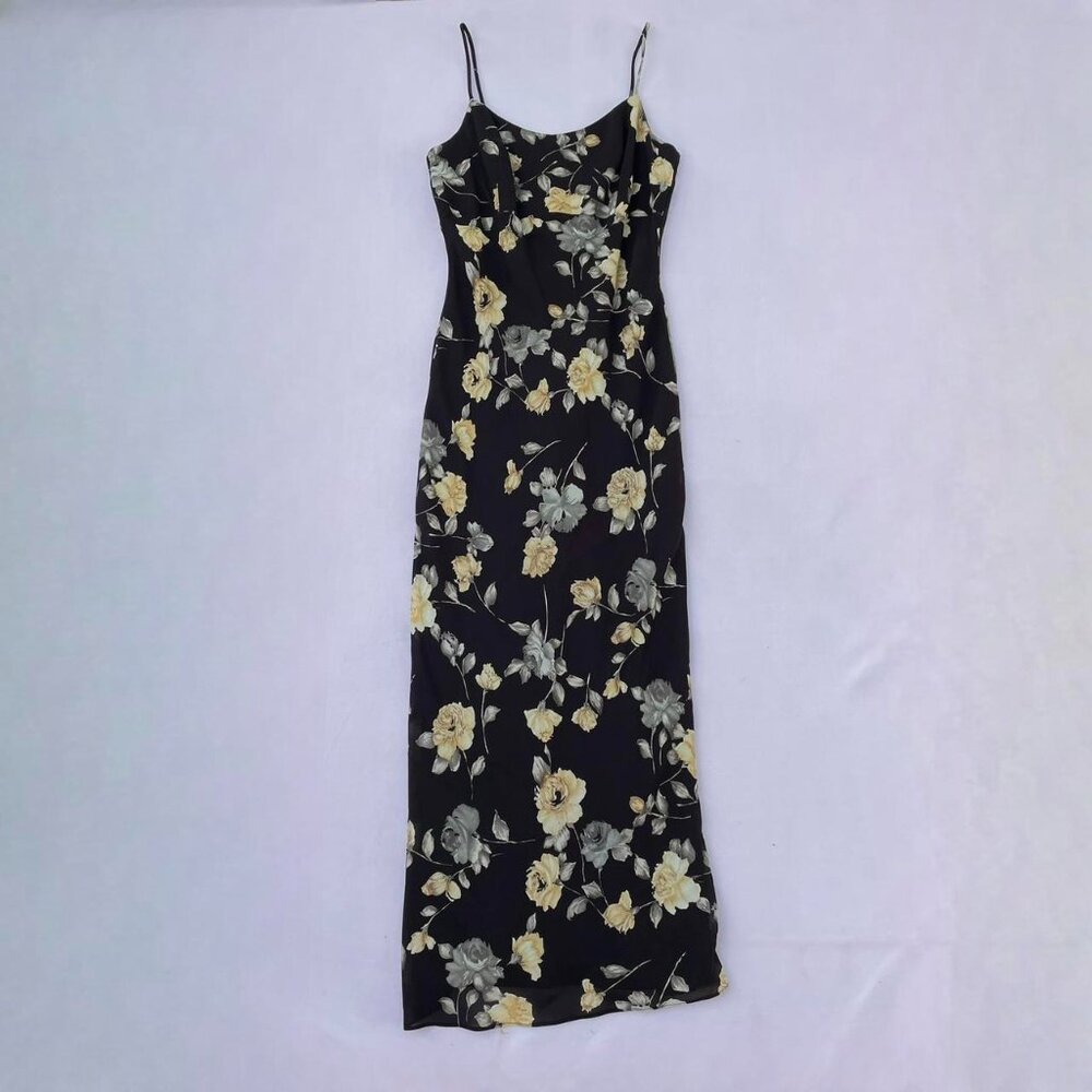Vintage 90s Gunne Sax Jessica McClintock Black and Yellow Floral Maxi Dress 5/6